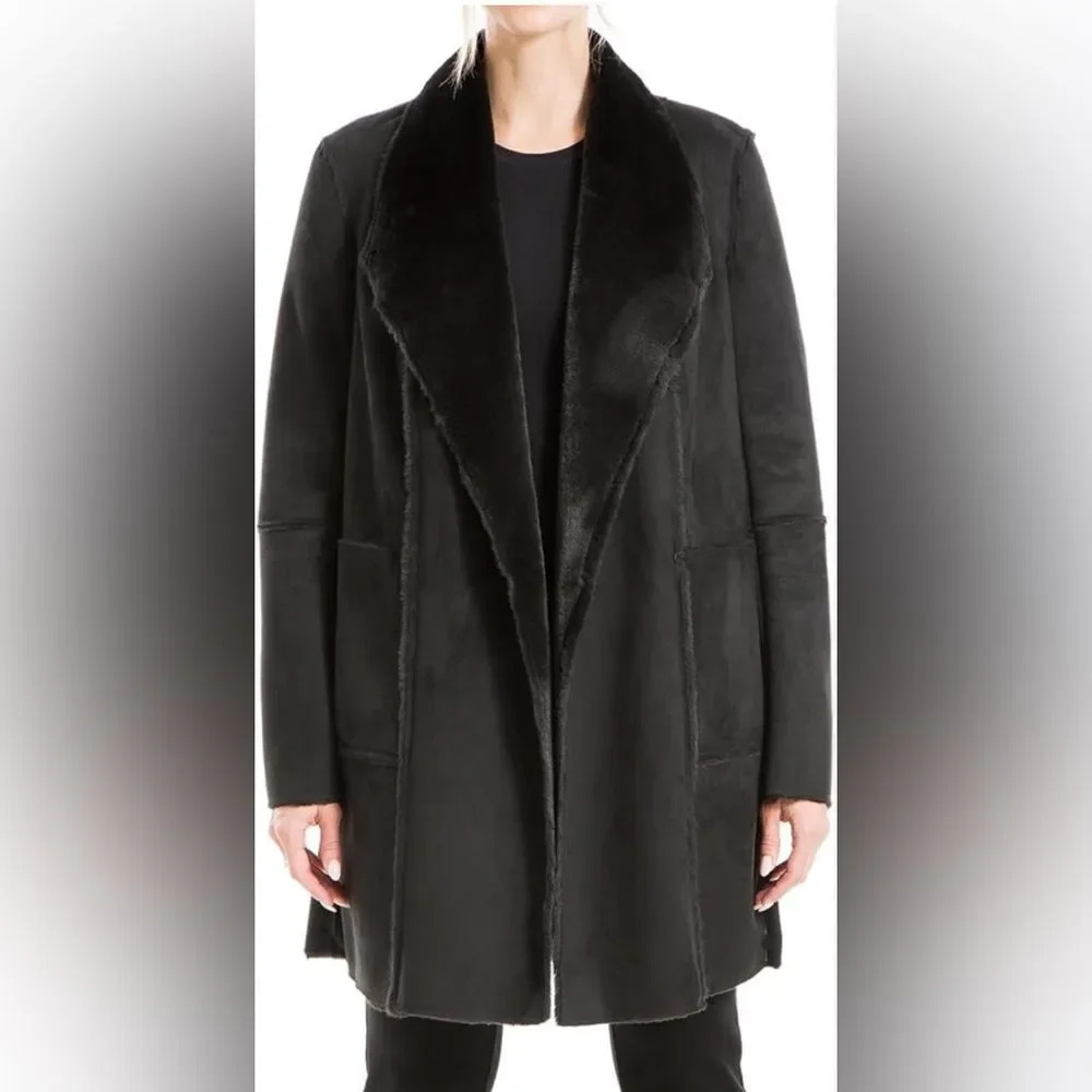 Max Studio Women's Black Faux Fur Suede Long Jacket. Alternate collar options.